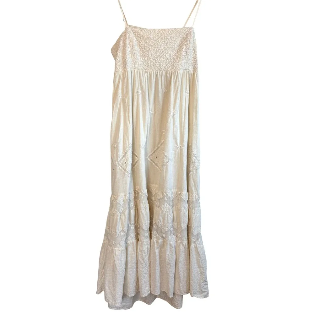 Lucky Brand Maxi Dress Cream Womens Large Embroidered Eyelet Tiered Open Back - Picture 1 of 13